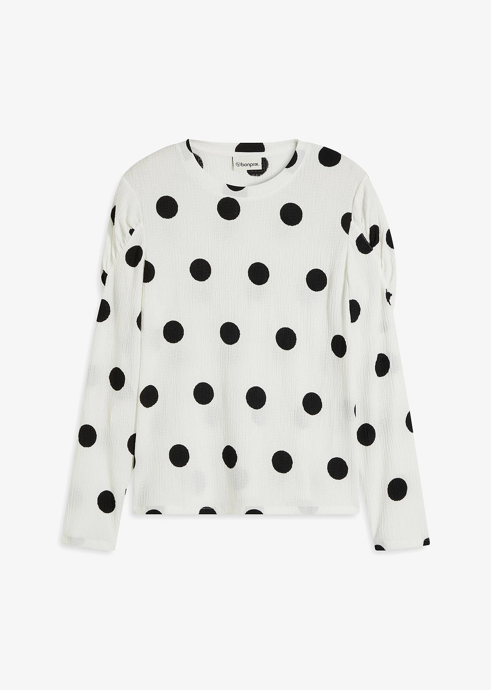 Μακρυμάνικη μπλούζα από ανάγλυφο κρεπ-Λευκό/Μαύρο πουά-bonprix