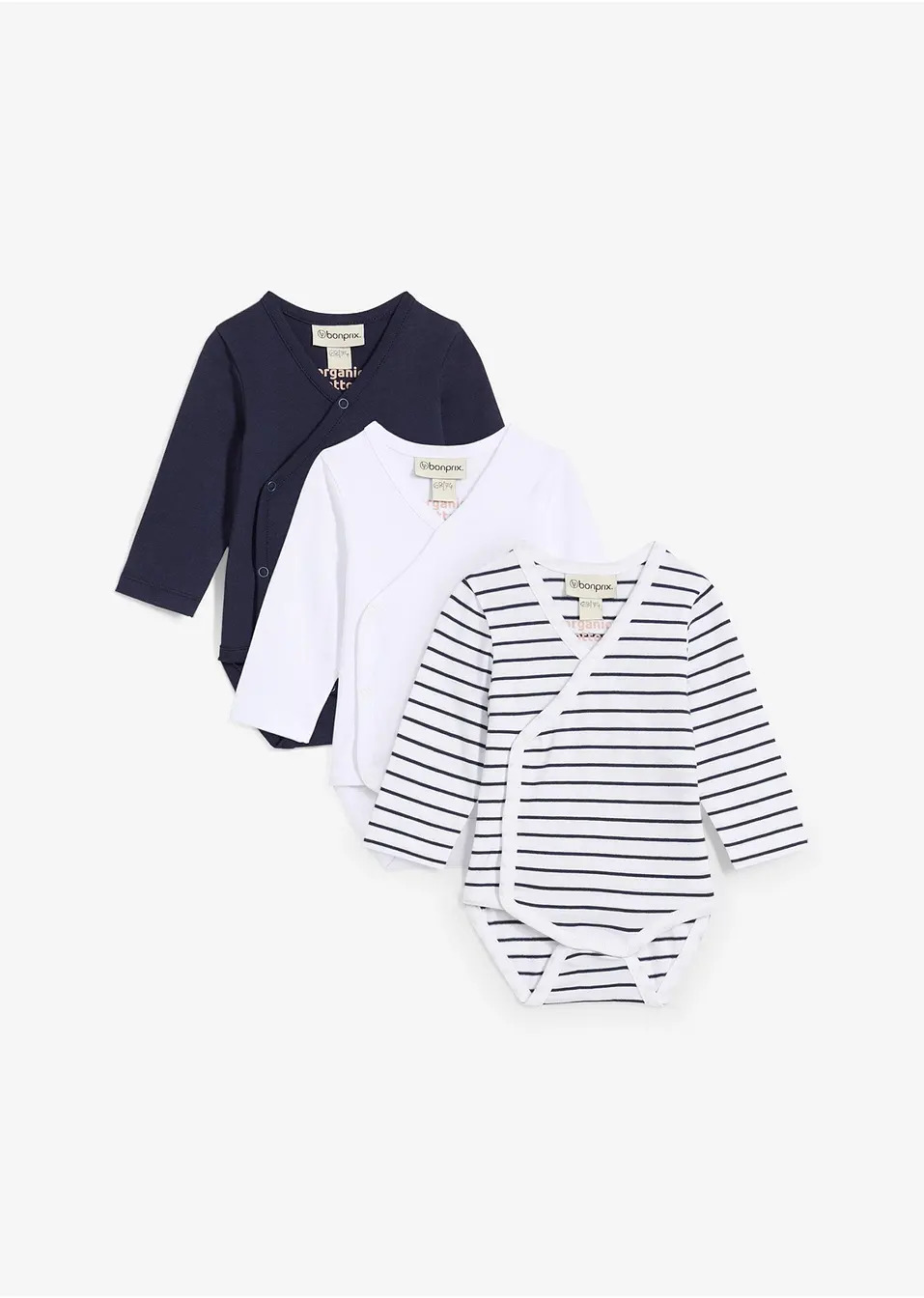 Боди с дълъг ръкав тип прегърни ме от чист био памук (опаковка с 3 бр.)-Тъмно синьо + Бяло + Тъмно синьо райе-bonprix