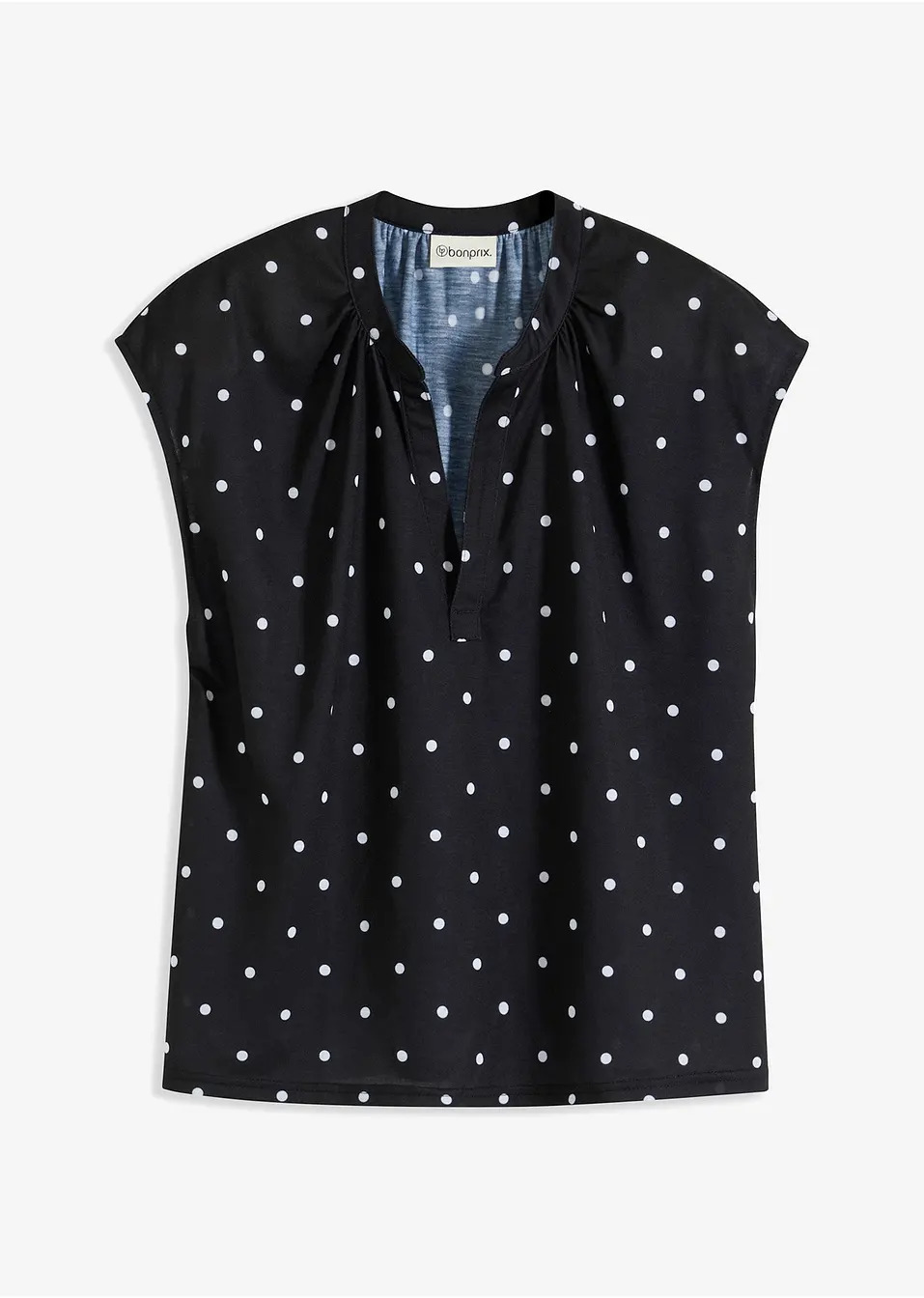 Κοντομάνικη μπλούζα με γιακά-Μαύρο/Λευκό πουά-bonprix