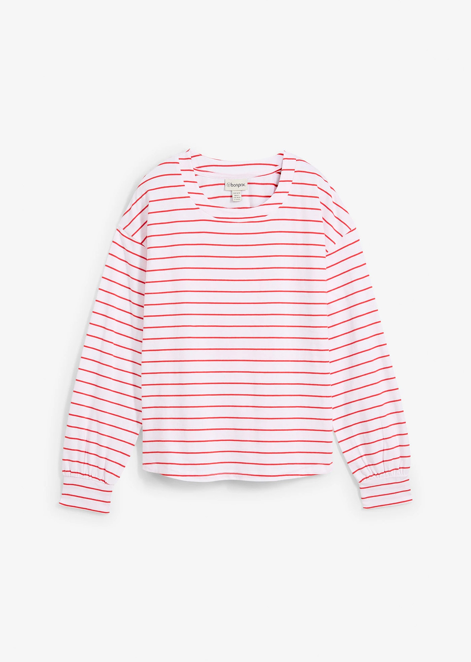 Μακρυμάνικη μπλούζα από καθαρό βιολογικό βαμβάκι-Φραουλί/Λευκό ριγέ-bonprix