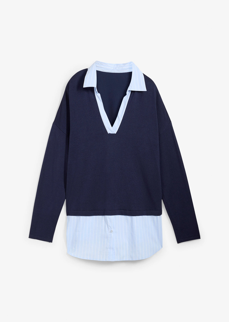 Πουλόβερ από λεπτό νήμα με προσθήκη πουκαμίσου-Μπλε σκούρο-bonprix