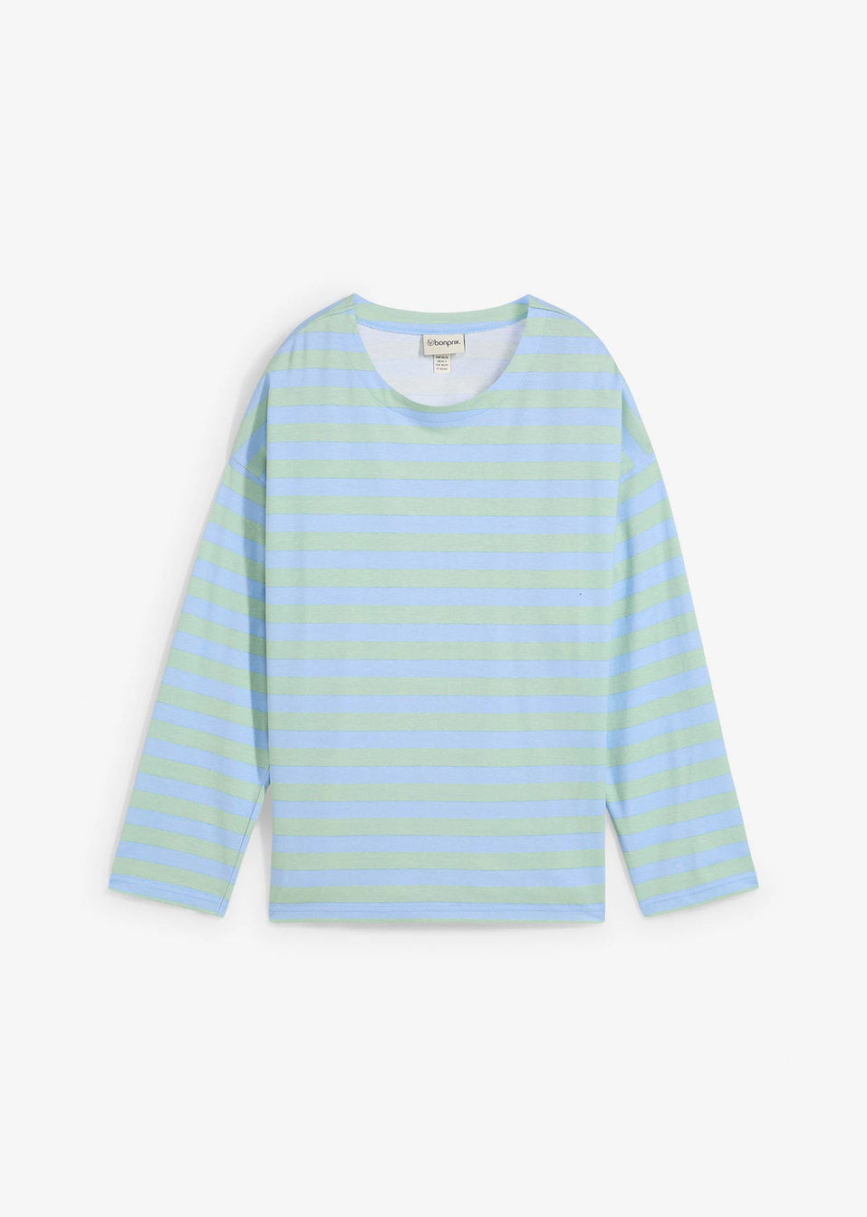 Μακριά βαμβακερή μπλούζα με ασύμμετρο τελείωμα-Γαλάζιο/Πράσινο καλαμιού ριγέ-bonprix