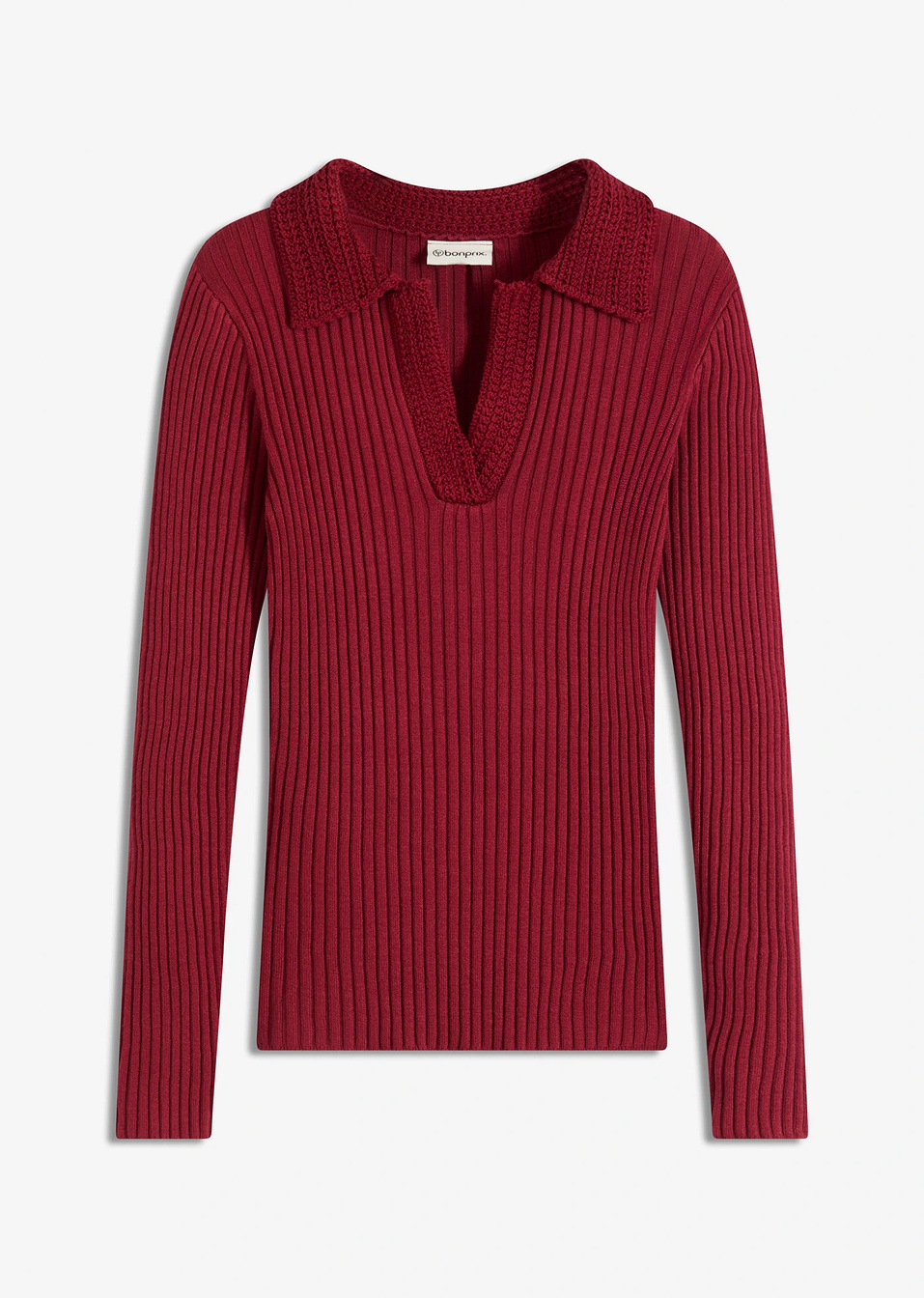 Μπλούζα από λεπτό νήμα με γιακά-Κόκκινο δαμασκηνί-bonprix