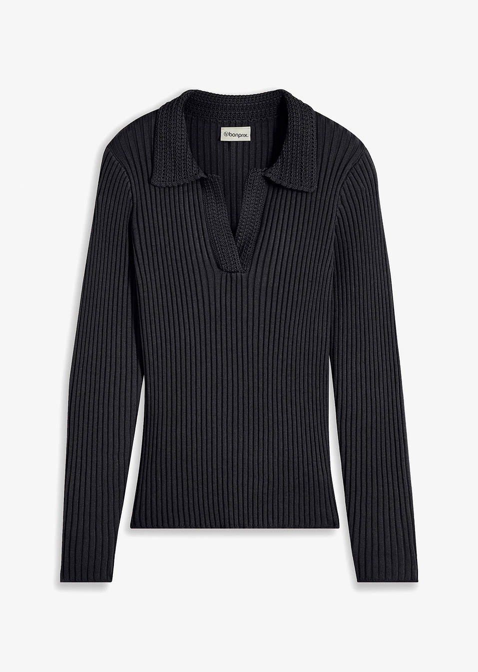 Μπλούζα από λεπτό νήμα με γιακά-Μαύρο-bonprix