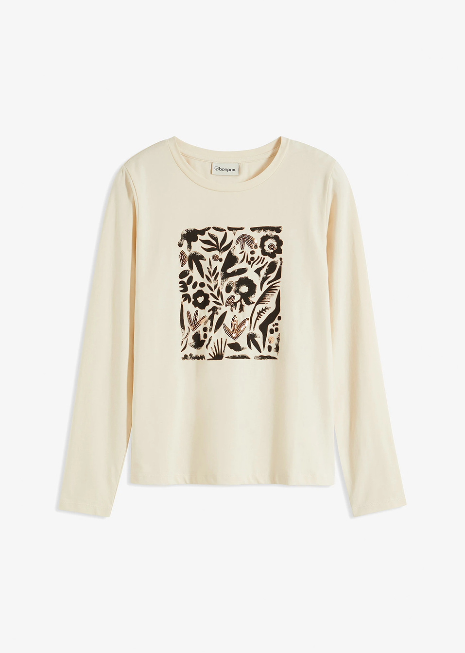 Μακρυμάνικη μπλούζα από βιολογικό βαμβάκι-Μπεζ του χαλικιού/Καφέ/Μαύρο-bonprix