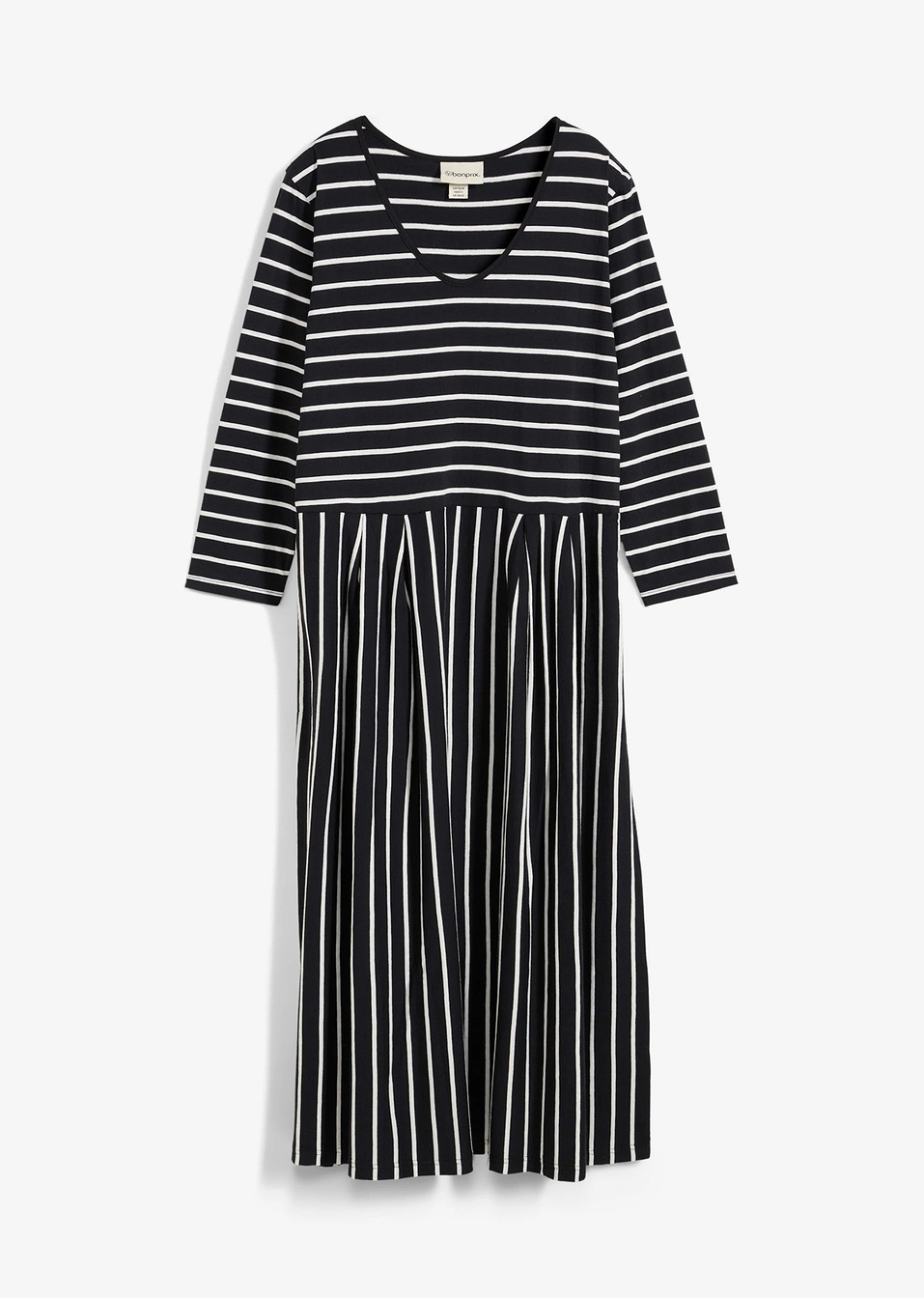 Φόρεμα midi από βαμβακερό ζέρσεϊ-Μαύρο/Λευκό κρεμ ριγέ-bonprix