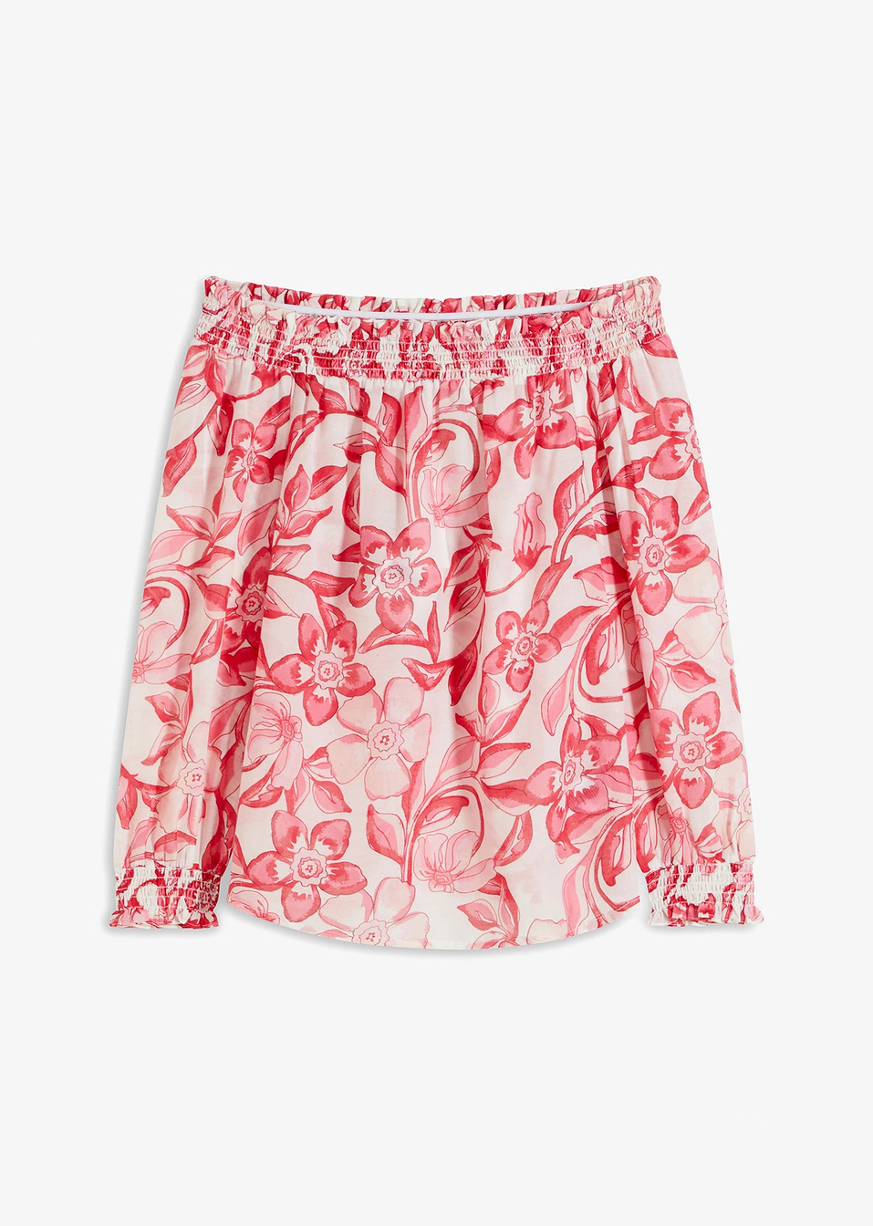 Εμπριμέ μπλούζα με ακάλυπτους ώμους-Λευκό/Φούξια-bonprix