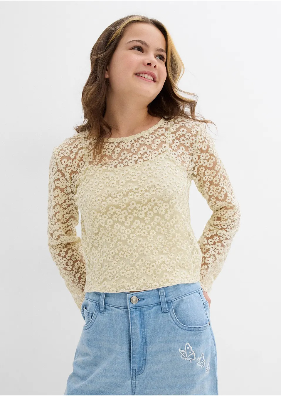 Δαντελένια μπλούζα με τοπ ζέρσεϊ (σετ 2 τεμ.)-bonprix