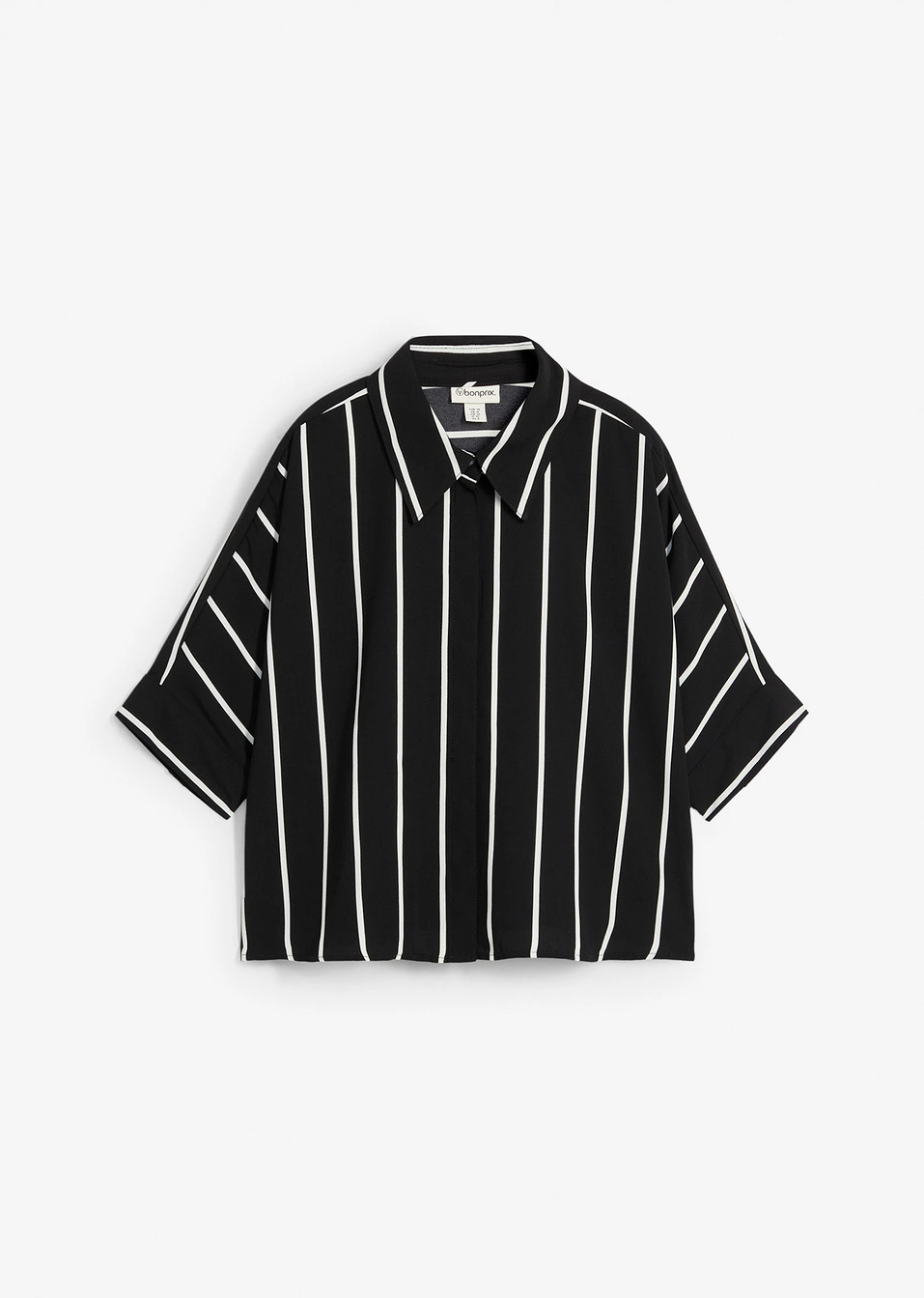 Риза с къс ръкав от структуриран креп-Черно/Кремаво бяло райе-bonprix