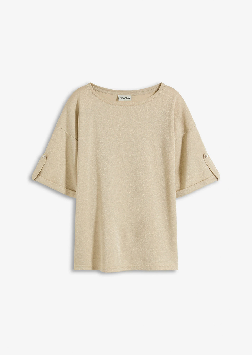 Μπλούζα με βισκόζη glitter και γυαλιστερή στάμπα-Της άμμου/Ασημί-bonprix