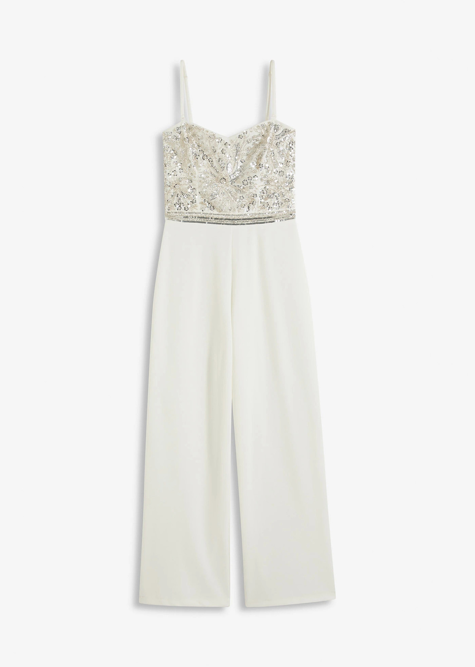 Νυφική ολόσωμη φόρμα από ανάγλυφο κρεπ με κέντημα με πέρλες-Λευκό κρεμ-bonprix