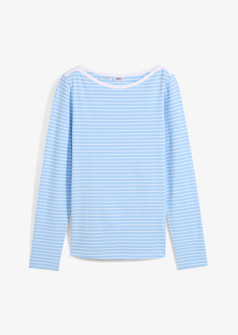 Μακρυμάνικη ριγέ μπλούζα με λαιμόκοψη χαμόγελο-Γαλάζιο/Λευκό ριγέ-bonprix