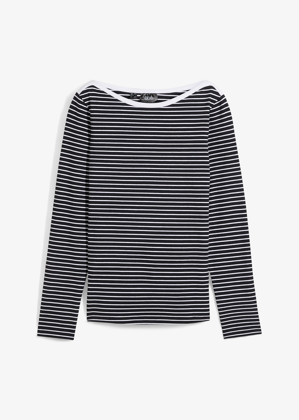 Μακρυμάνικη ριγέ μπλούζα με λαιμόκοψη χαμόγελο-Μαύρο/Λευκό ριγέ-bonprix