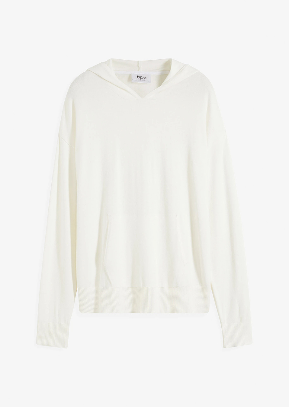 Πουλόβερ με κουκούλα και τσέπη τύπου μάρσιπου από σύμμεικτη βισκόζη-Λευκό κρεμ-bonprix