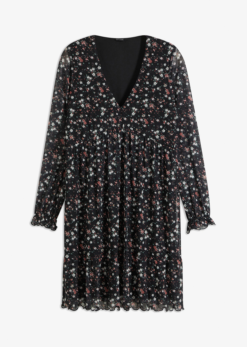 Φόρεμα από mesh με βολάν-Μαύρο φλοράλ-bonprix