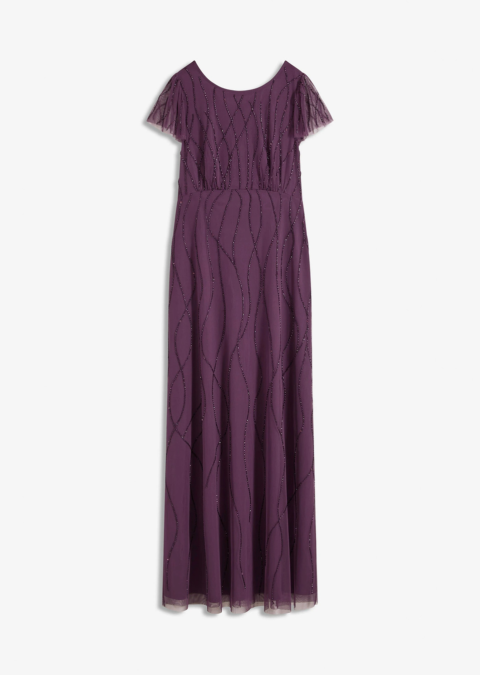 Μακρύ φόρεμα από τούλι με κέντημα και πέρλες-Μωβ σκούρο-bonprix