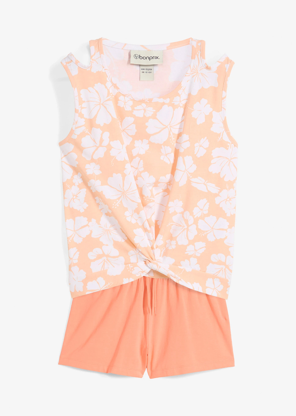 Блуза без ръкав и къси панталони от смесен био памук (комплект от 2 части)-Праскова/Бяло/Сьомга-bonprix