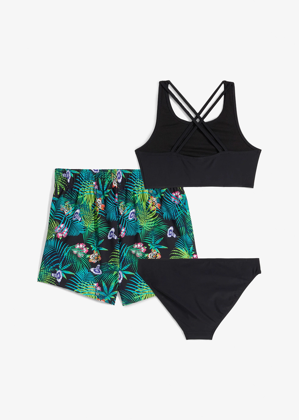 Бански в две части и къси панталони (комплект от 3 части)-Черно-bonprix