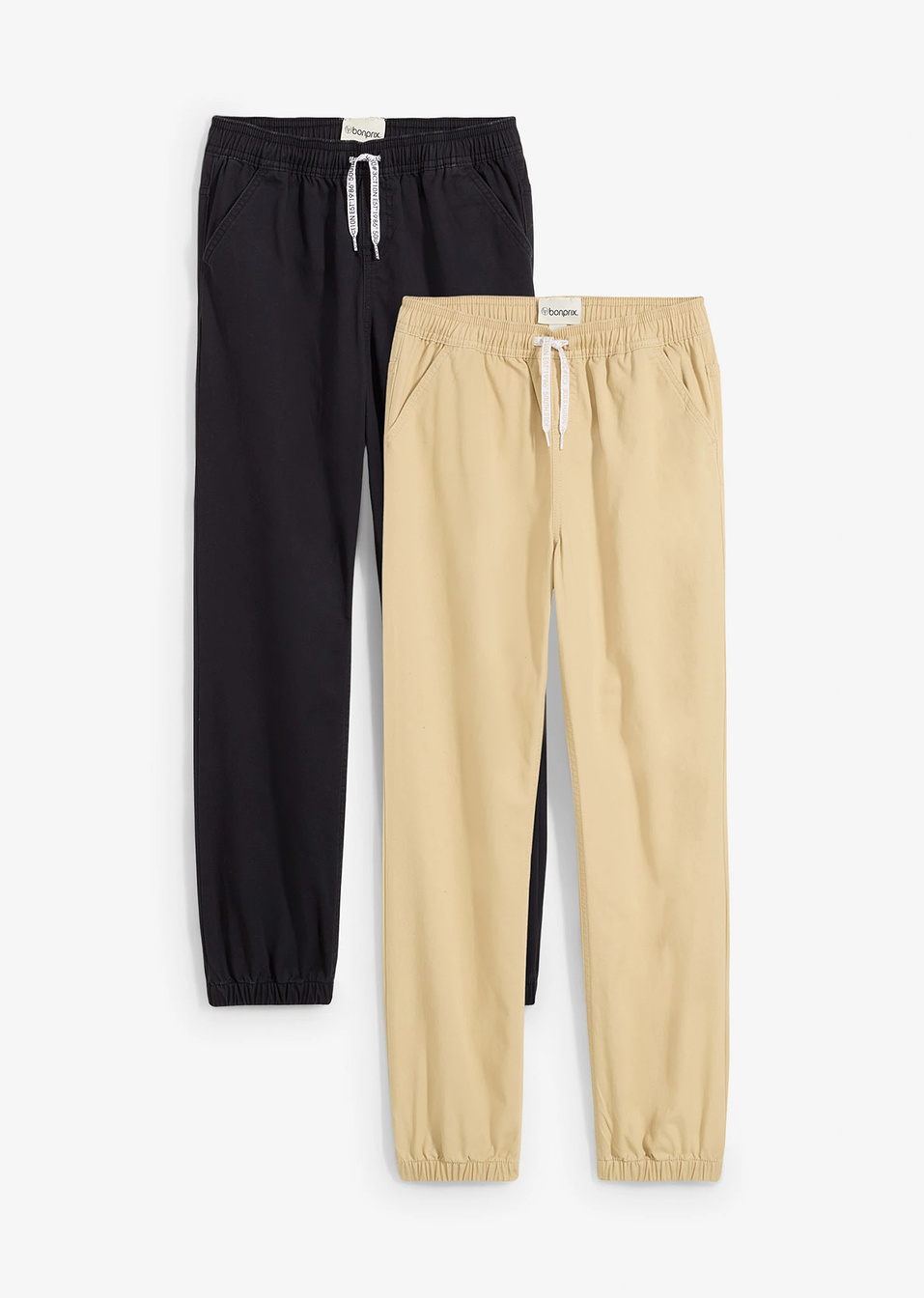 Панталон с ластик на талията от чист памук, regular fit (опаковка с 2 бр.)-Черно + Зелено-бежово-bonprix