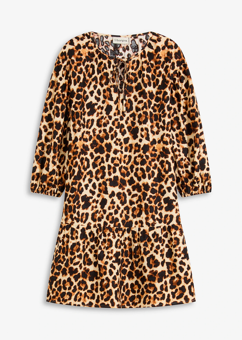 Εμπριμέ φόρεμα τουνίκ από ανάγλυφο κρεπ-Μπεζ/Μαύρο-bonprix