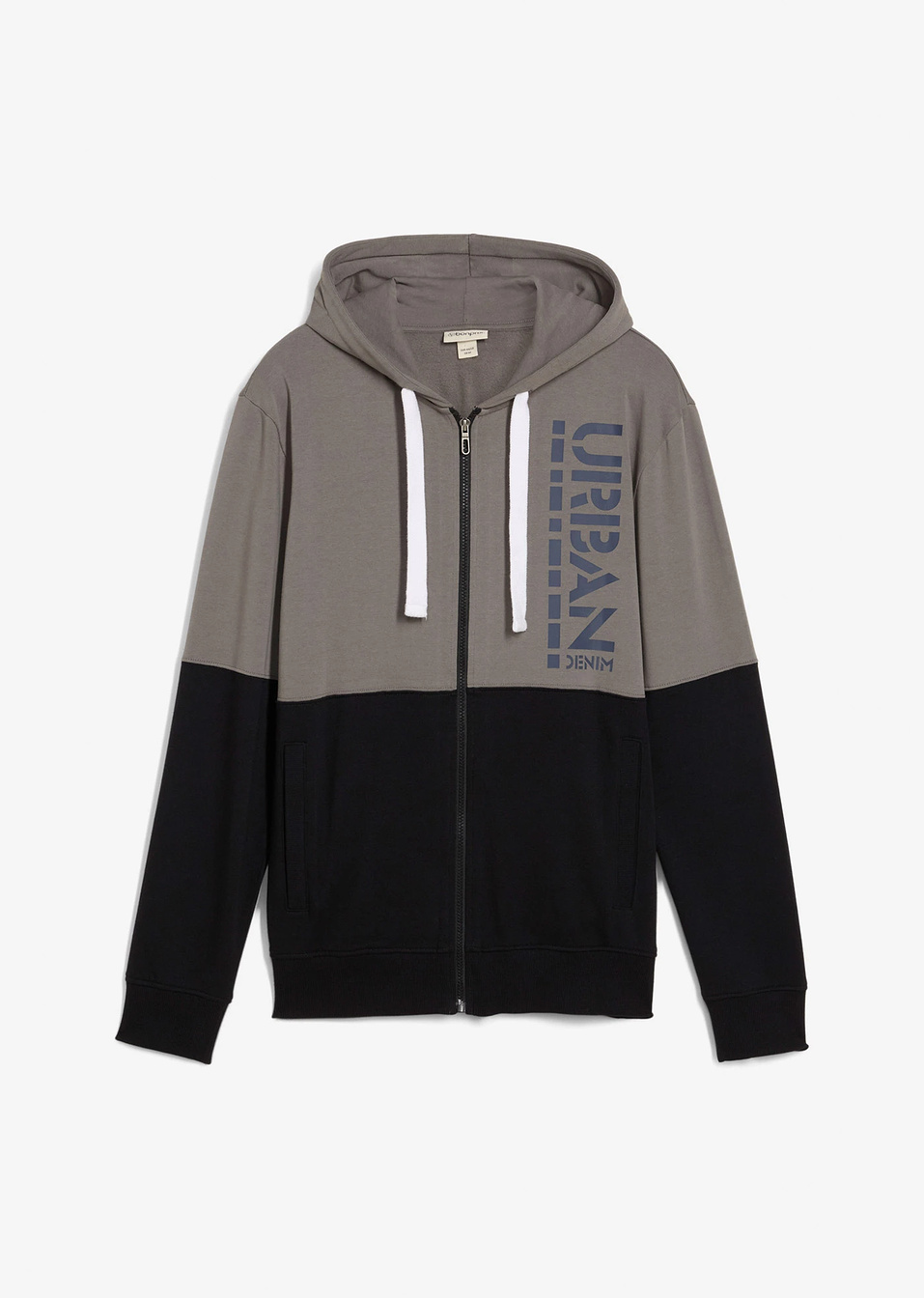 Ζακέτα φούτερ με φερμουάρ και κουκούλα από βιολογικό βαμβάκι-Γκρι φιμέ/Μαύρο-bonprix