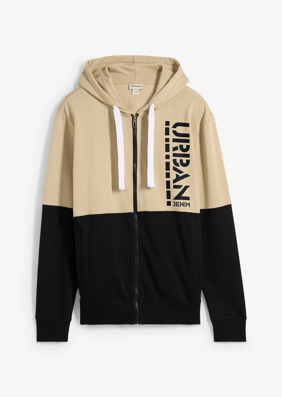 Ζακέτα φούτερ με φερμουάρ και κουκούλα από βιολογικό βαμβάκι-Πράσινο του καλαμιού/Μαύρο με στάμπα-bonprix