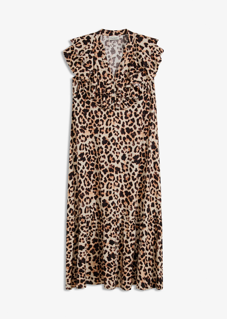 Φόρεμα midi με βολάν από ανάγλυφο κρεπ-Μπεζ/Μαύρο-bonprix