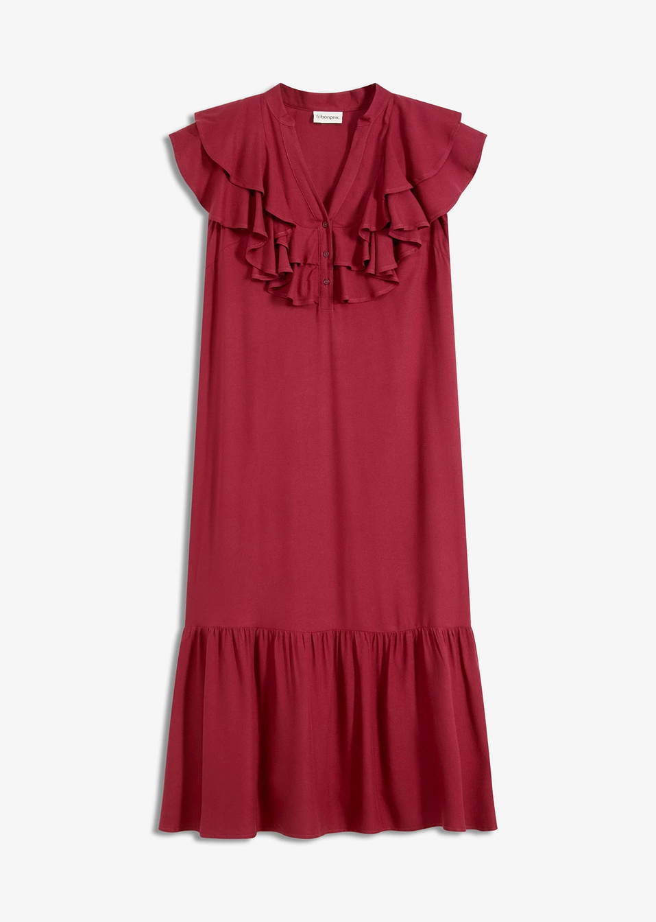 Φόρεμα midi με βολάν από ανάγλυφο κρεπ-Κόκκινο-bonprix