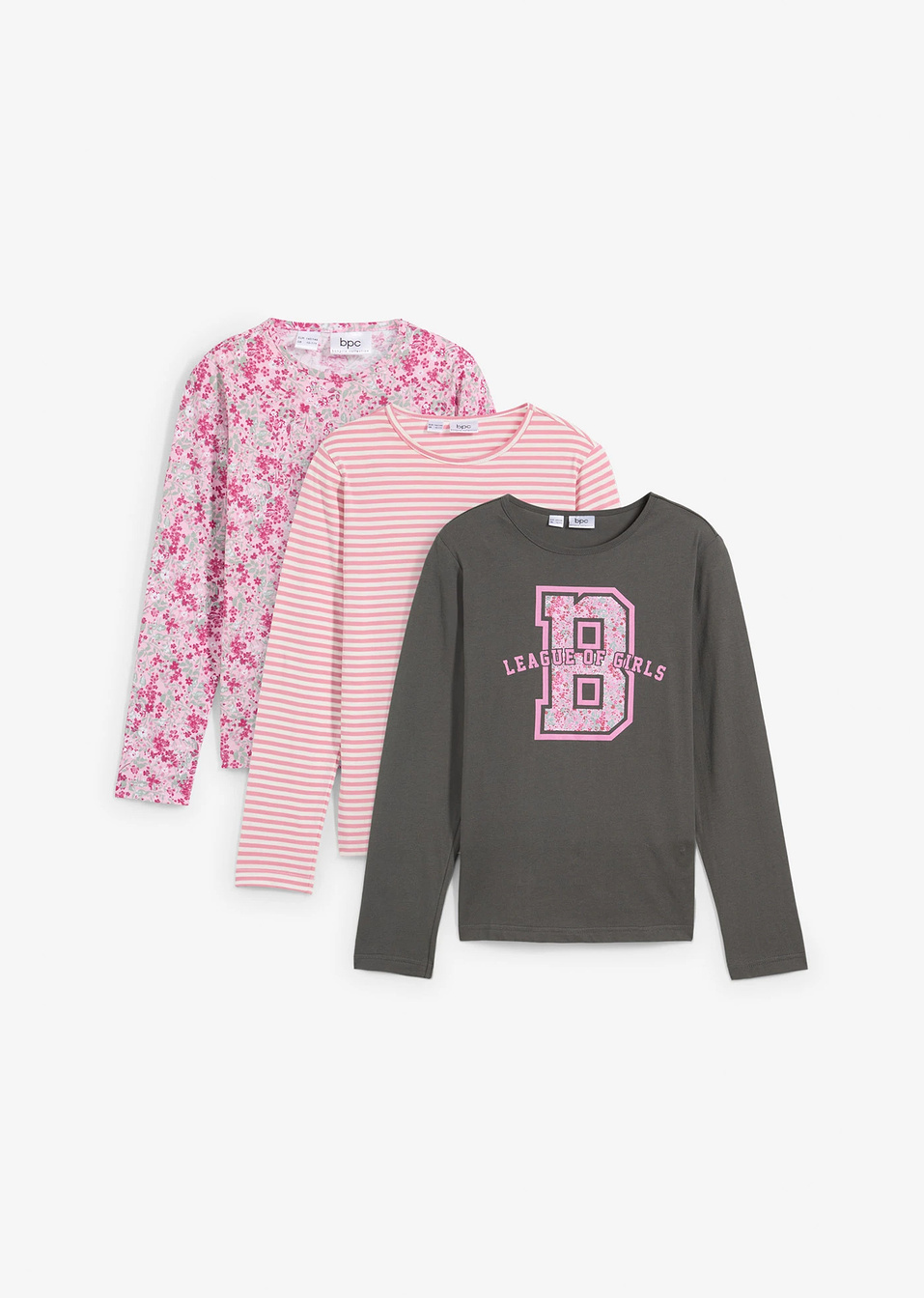 Μπλούζα από βιολογικό βαμβάκι (συσκευασία των 3)-Φούξια σκούρο + Ροζ + Ανθρακί-bonprix