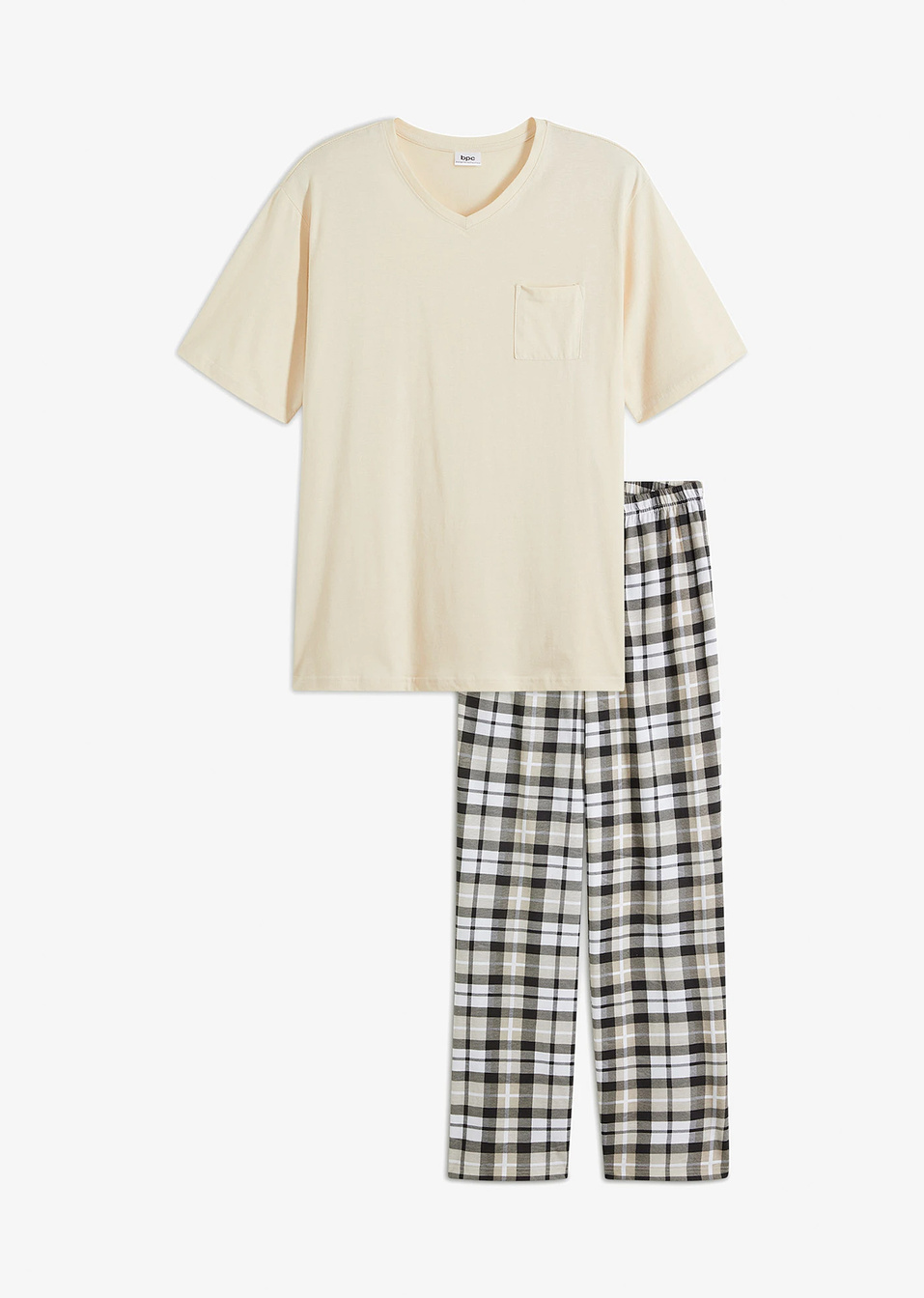 Κοντομάνικη πιτζάμα από βιολογικό βαμβάκι-Μπεζ του χαλικιού καρό-bonprix