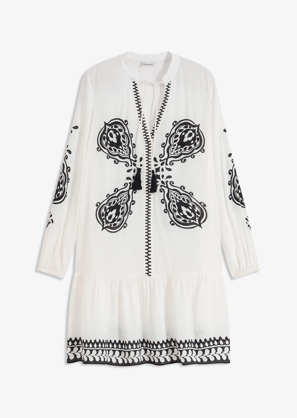 Φόρεμα τουνίκ από ανάγλυφη βισκόζη-Λευκό κρεμ/Μαύρο-bonprix