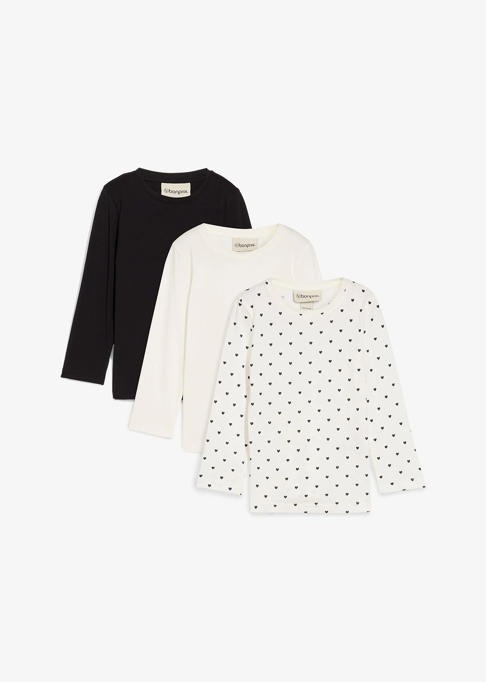 Μακρυμάνικη μπλούζα από καθαρό βιολογικό βαμβάκι (συσκευασία των 3)-Λευκό κρεμ + Μαύρο-bonprix