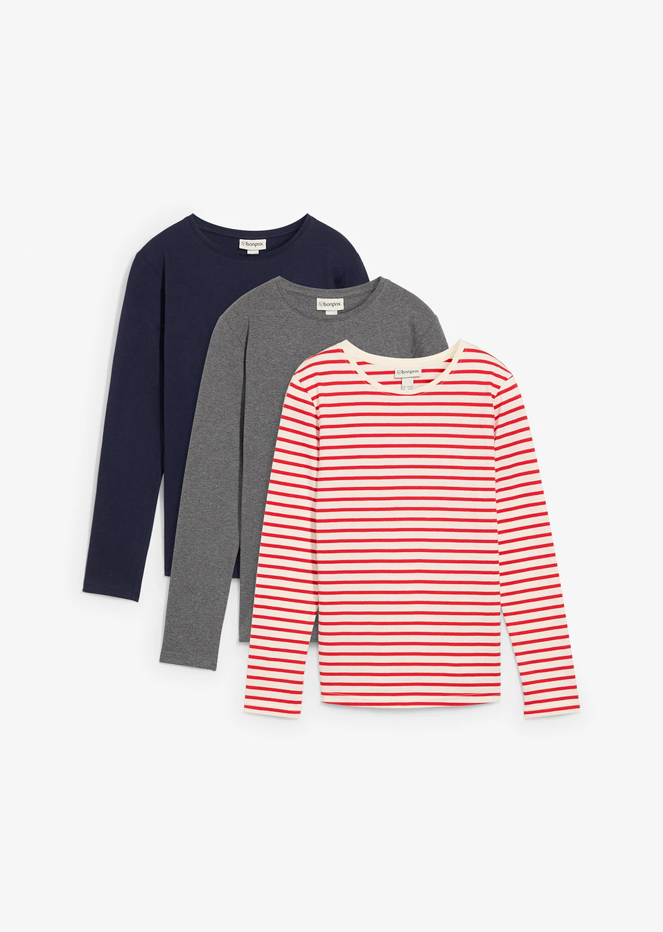 Μακρυμάνικη μπλούζα από καθαρό βιολογικό βαμβάκι (συσκευασία των 3)-Φραουλί + Μπλε σκούρο + Γκρι μελανζέ + Λευκό κρεμ-bonprix