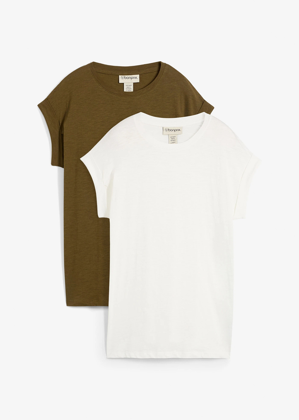 Μακριά μπλούζα από καθαρό βαμβάκι (συσκευασία των 2)-Πράσινο λαδί + Λευκό κρεμ-bonprix