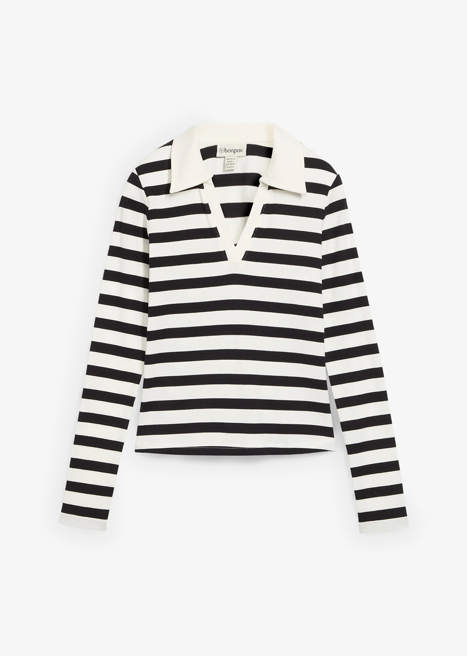 Μακρυμάνικο πόλο ριμπ-Λευκό κρεμ/Μαύρο ριγέ-bonprix