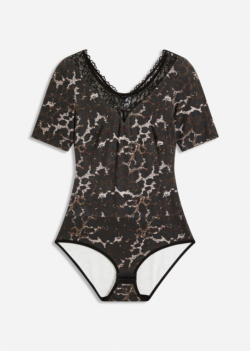 Боди със средни ръкави от модал с дантела-Черно/Каменно натурално/Тъмно кафяво-bonprix
