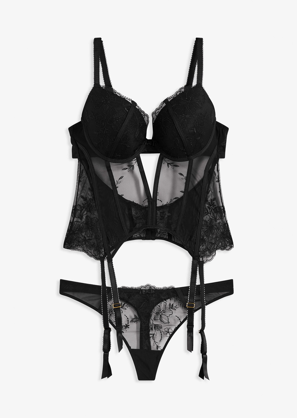 Корсаж с банели и прашки с бродерия (комплект от 2 части)-Черно-bonprix