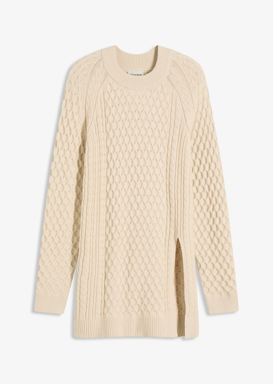 Μακρύ πουλόβερ από χυτή σύμμεικτη βισκόζη-Μπεζ του χαλικιού μελανζέ-bonprix