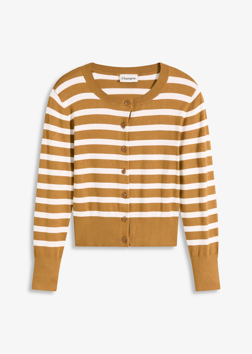 Ζακέτα από λεπτό νήμα με ριγέ μοτίβο-Καφέ σκούρο/Λευκό κρεμ ριγέ-bonprix