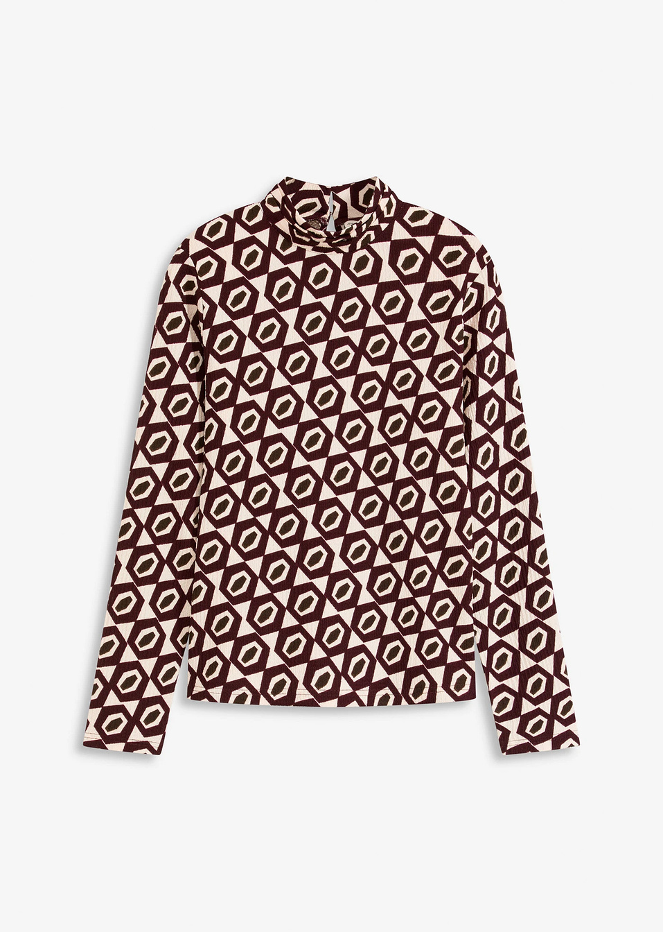 Μπλούζα με ψηλό λαιμό από ανάγλυδο ύφασμα-Λευκό κρεμ/Μπορντό-bonprix