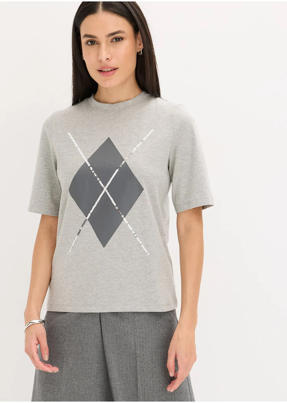 Μπλούζα με μεσαία μανίκια με παγιέτες και στάμπα-bonprix