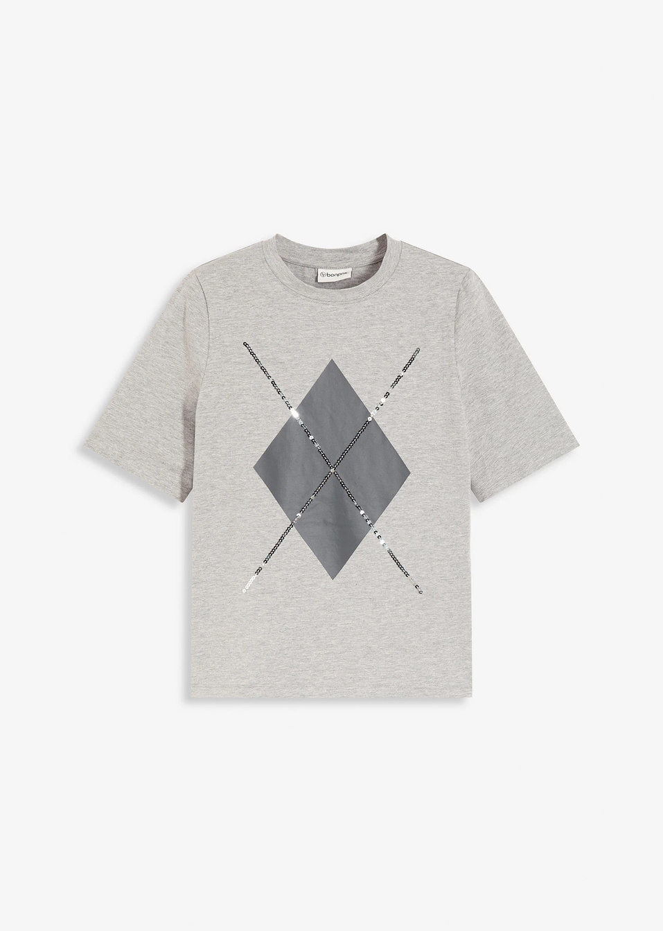 Μπλούζα με μεσαία μανίκια με παγιέτες και στάμπα-Γκρι ανοιχτό μελανζέ/Γκρι του σχιστόλιθου/Ασημί μελανζέ-bonprix