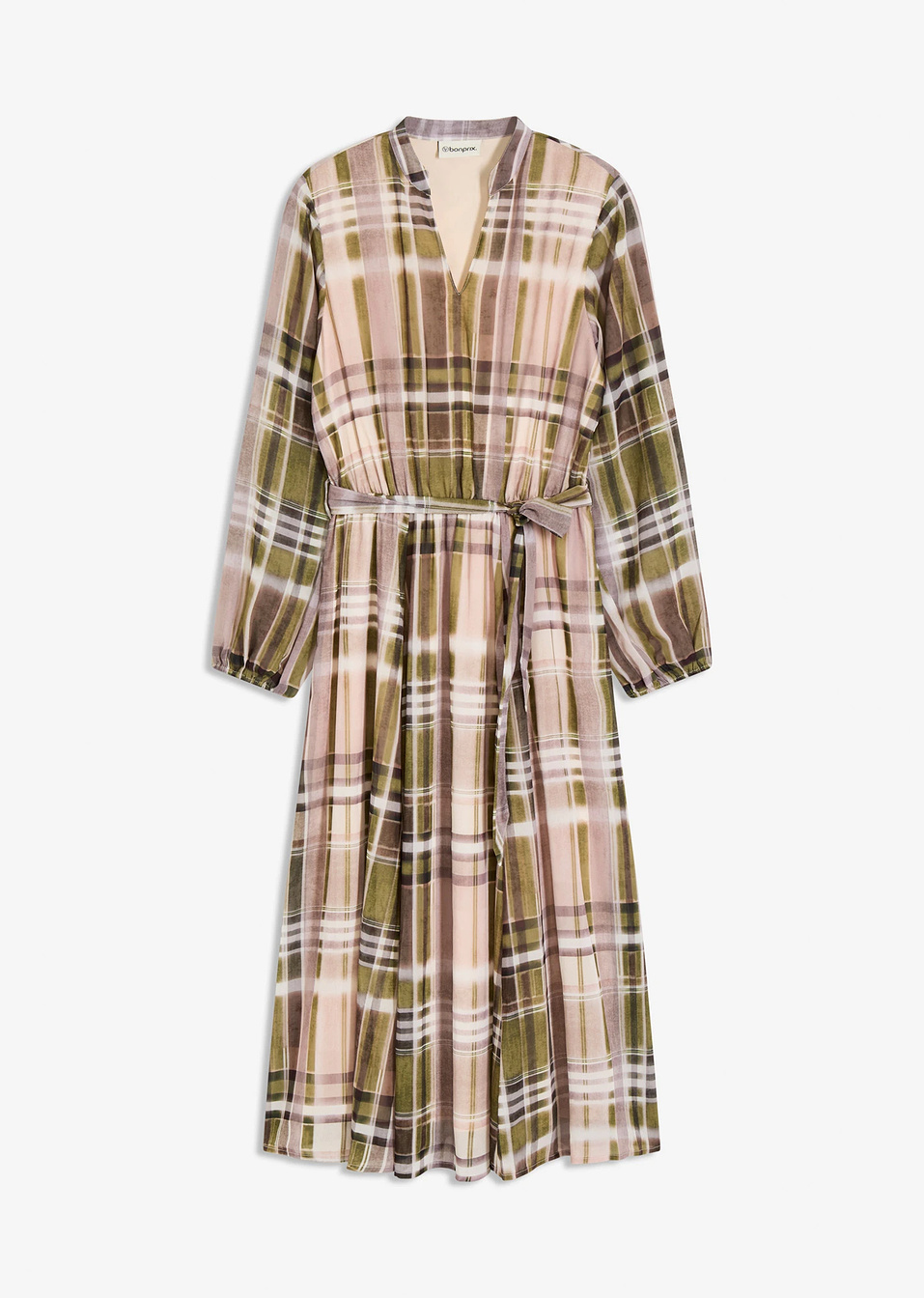 Φόρεμα από σιφόν με ζώνη που δένεται-Μπεζ/Πράσινο λαδί καρό-bonprix