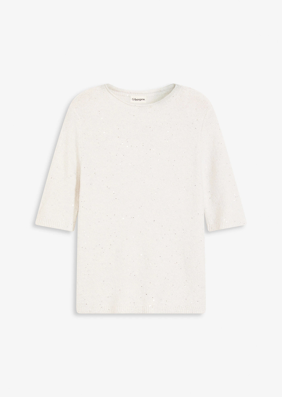 Πουλόβερ με μεσαία μανίκια με παγιέτες και γυαλιστερό νήμα-Λευκό/Ασημί-bonprix