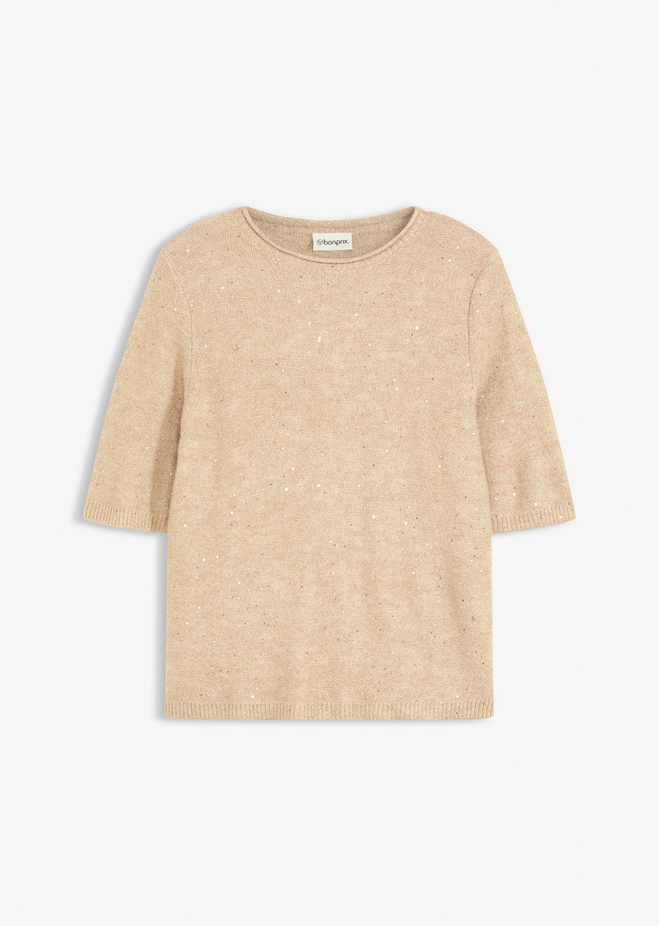 Πουλόβερ με μεσαία μανίκια με παγιέτες και γυαλιστερό νήμα-Καπουτσίνο/Μπεζ-bonprix