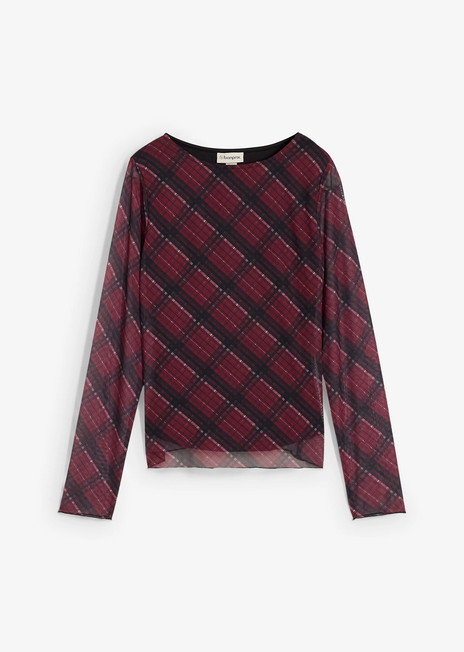 Μακρυμάνικη μπλούζα από mesh-Κόκκινο σκούρο καρό-bonprix