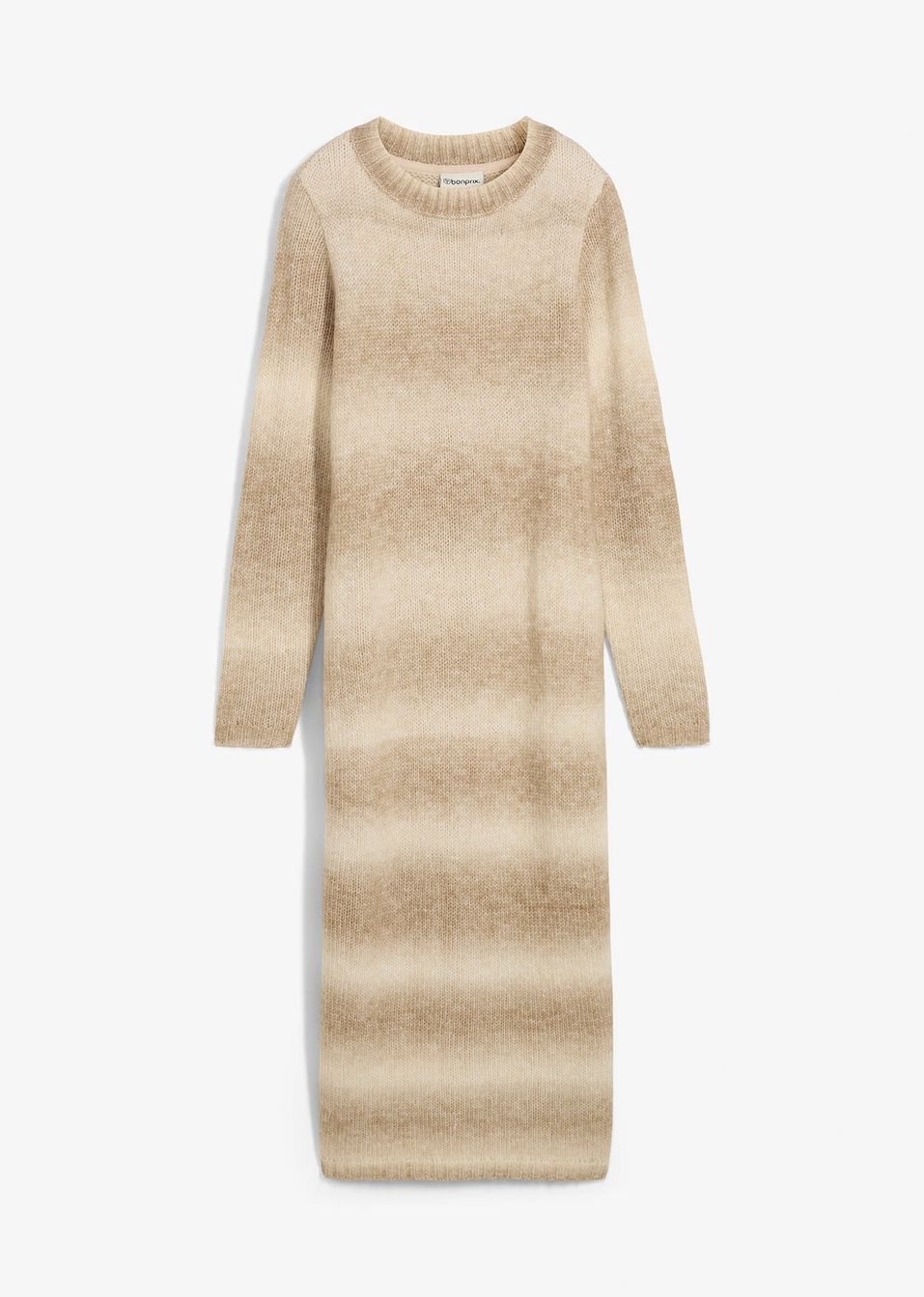 Πλεκτό φόρεμα από μαλακό σύμμεικτο μαλλί-Μπεζ του χαλικιού/Καφέ γκρι-bonprix