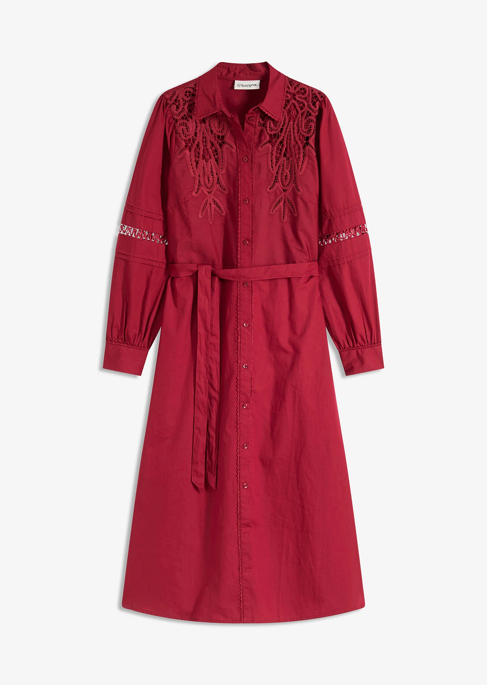 Βαμβακερό φόρεμα midi με δαντελένιες προσθήκες-Κόκκινο-bonprix