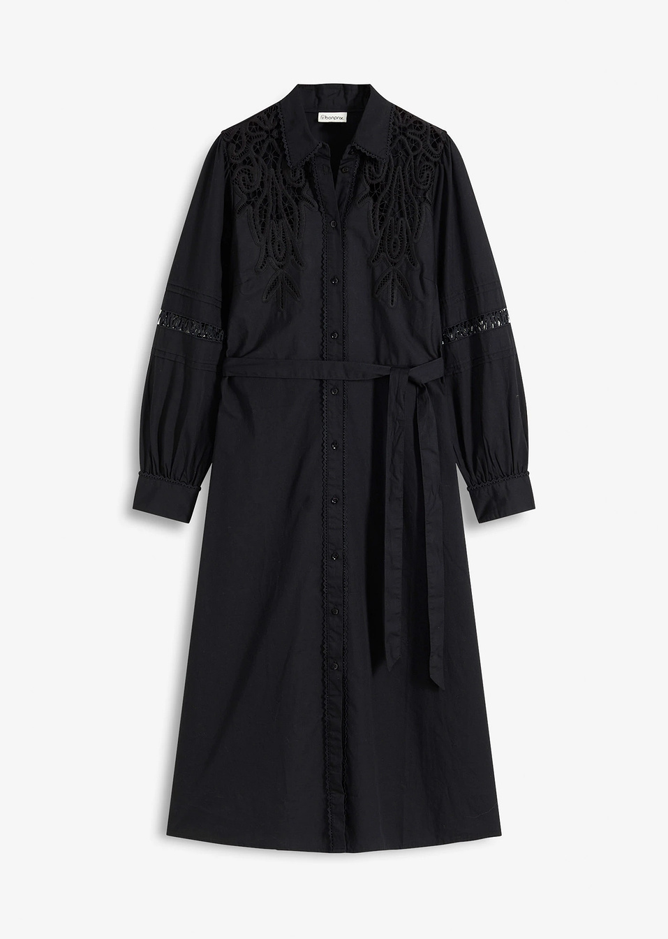 Βαμβακερό φόρεμα midi με δαντελένιες προσθήκες-Μαύρο-bonprix