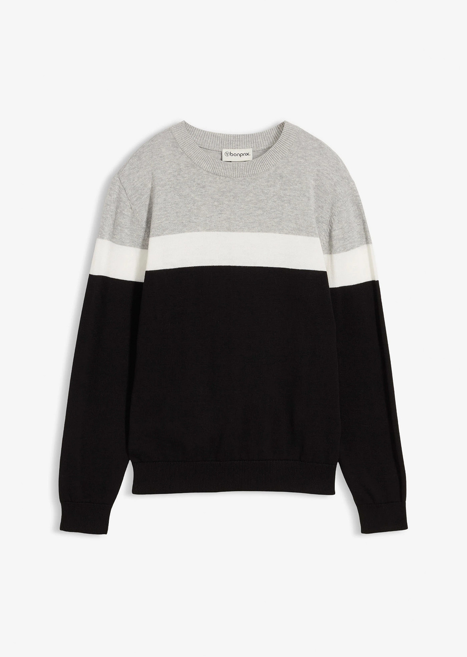 Пуловер с фина плетка от чист памук-Черно/Кремаво бяло/Светло сиво меланж райе-bonprix